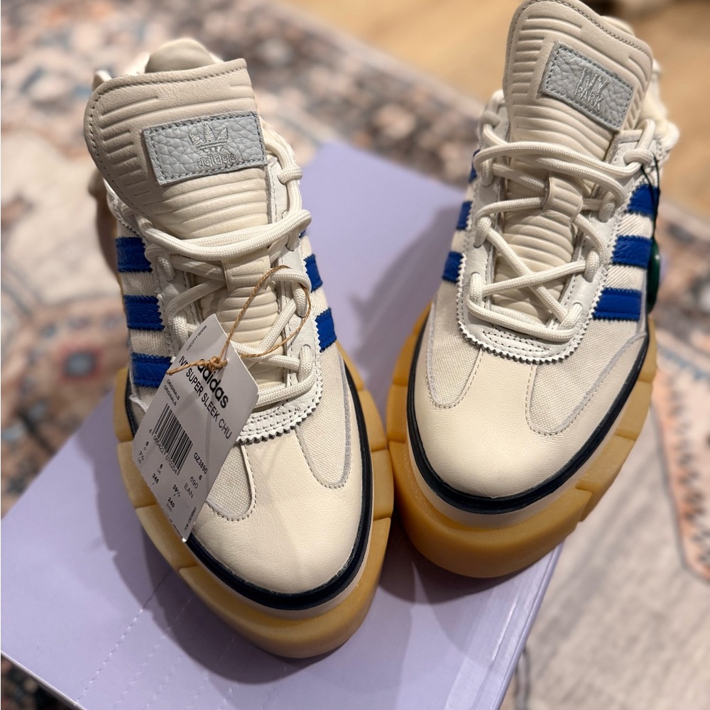 ADIDAS BEYONCÉ IVP PARK SUPER SLEEK CHUNKY White and Blue Sneakers Gum Sole NEW